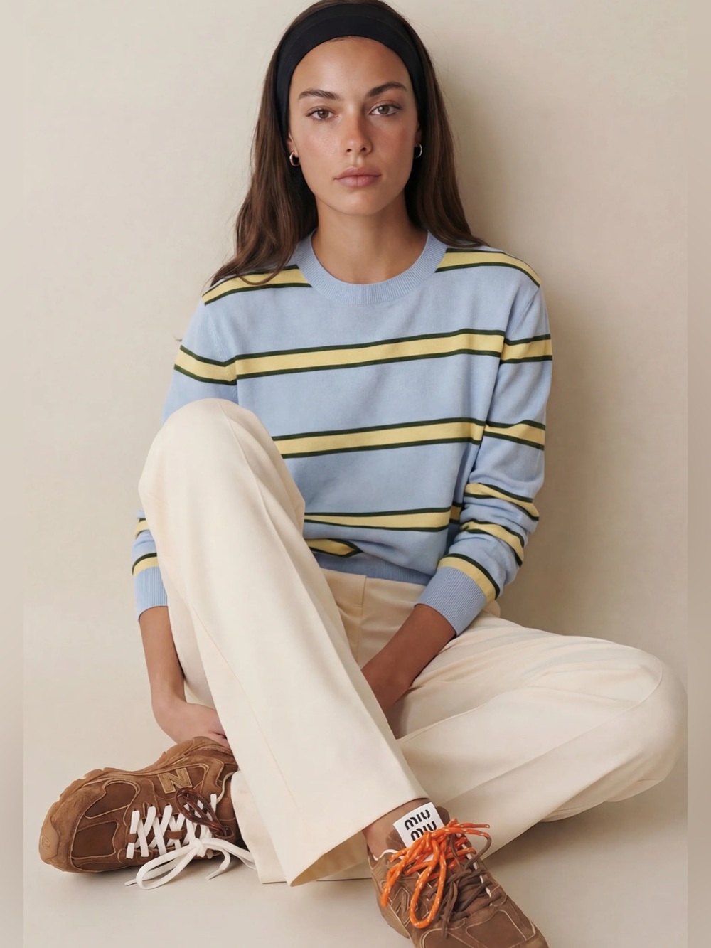 Few Moda Caara Striped Crewneck Sweater in Light Blue and Yellow
